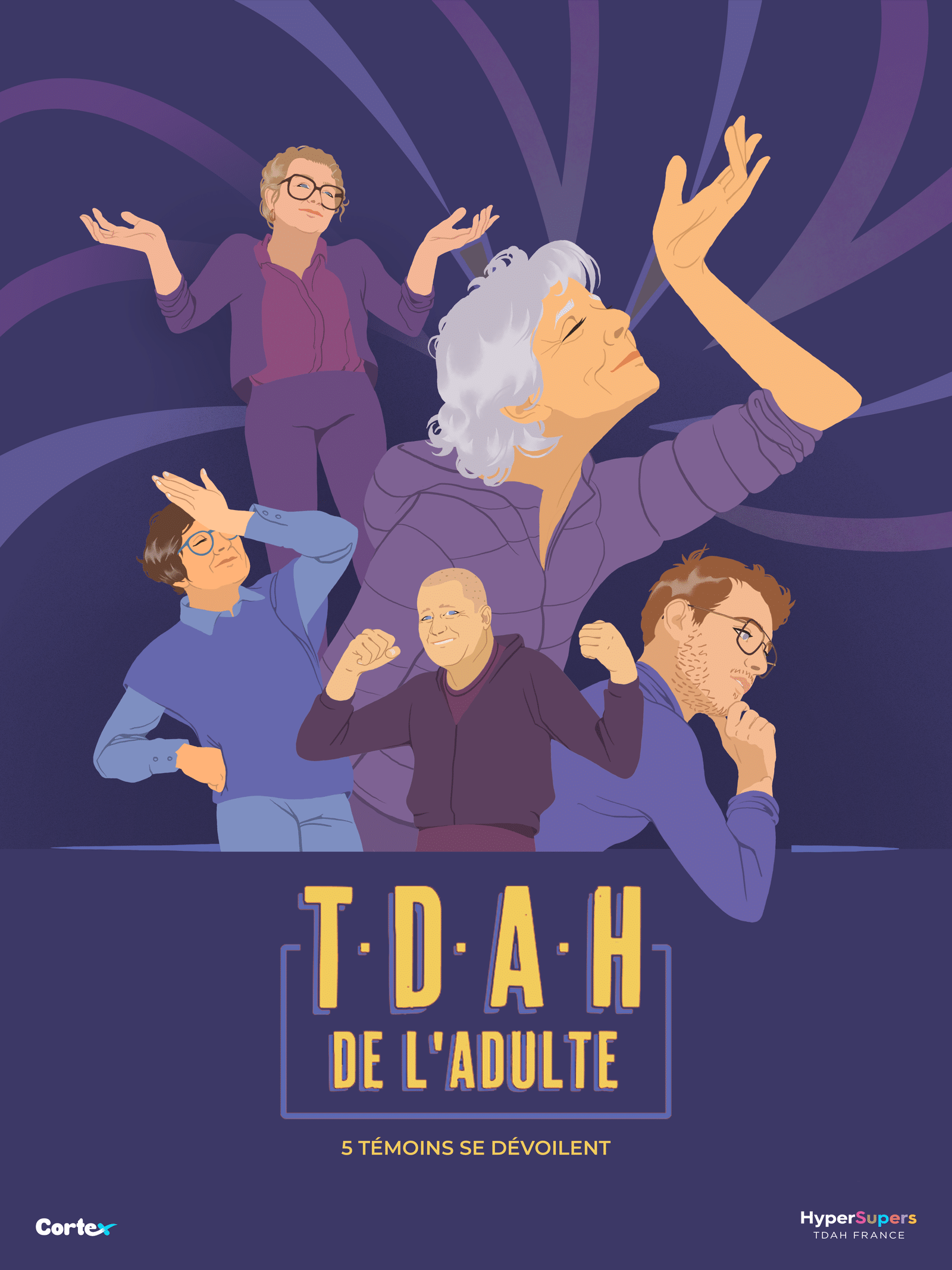 Une affiche du TDAH Adulte 5 témoins se dévoilent sur un fond Violet 5 Personnages