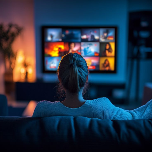 Femme dans un canapé Femme de dos regardant une plateforme de streaming rendu accessible en audiodescription et en sous-titrage sme sur un grand écran dans un salon tamisé. Copyright Cortex Média